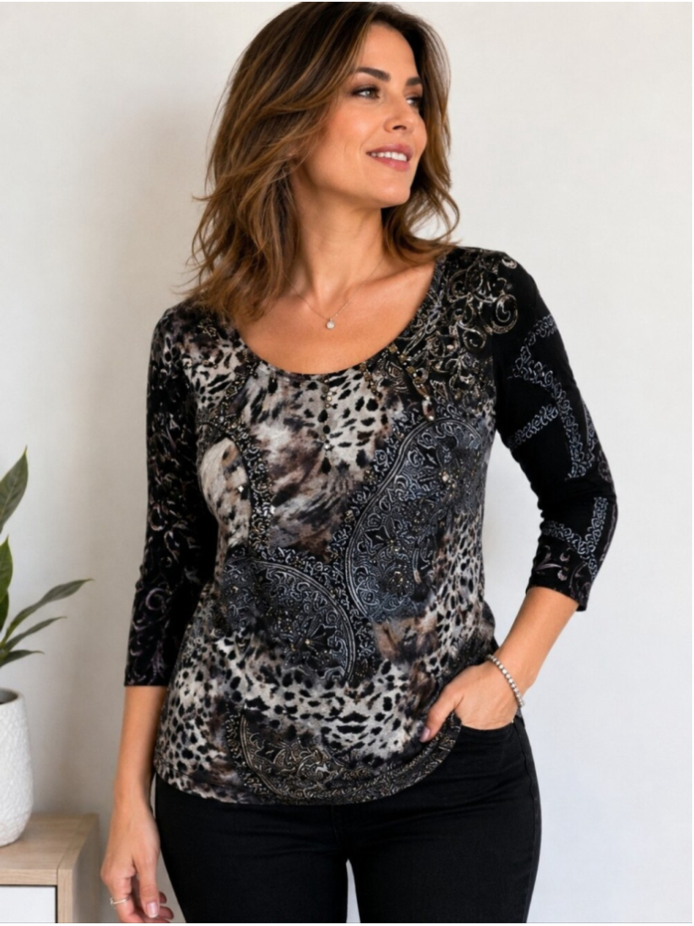 Alberto Makali Mixed Print Animal Paisley Embellished Stretch Top Women’s L